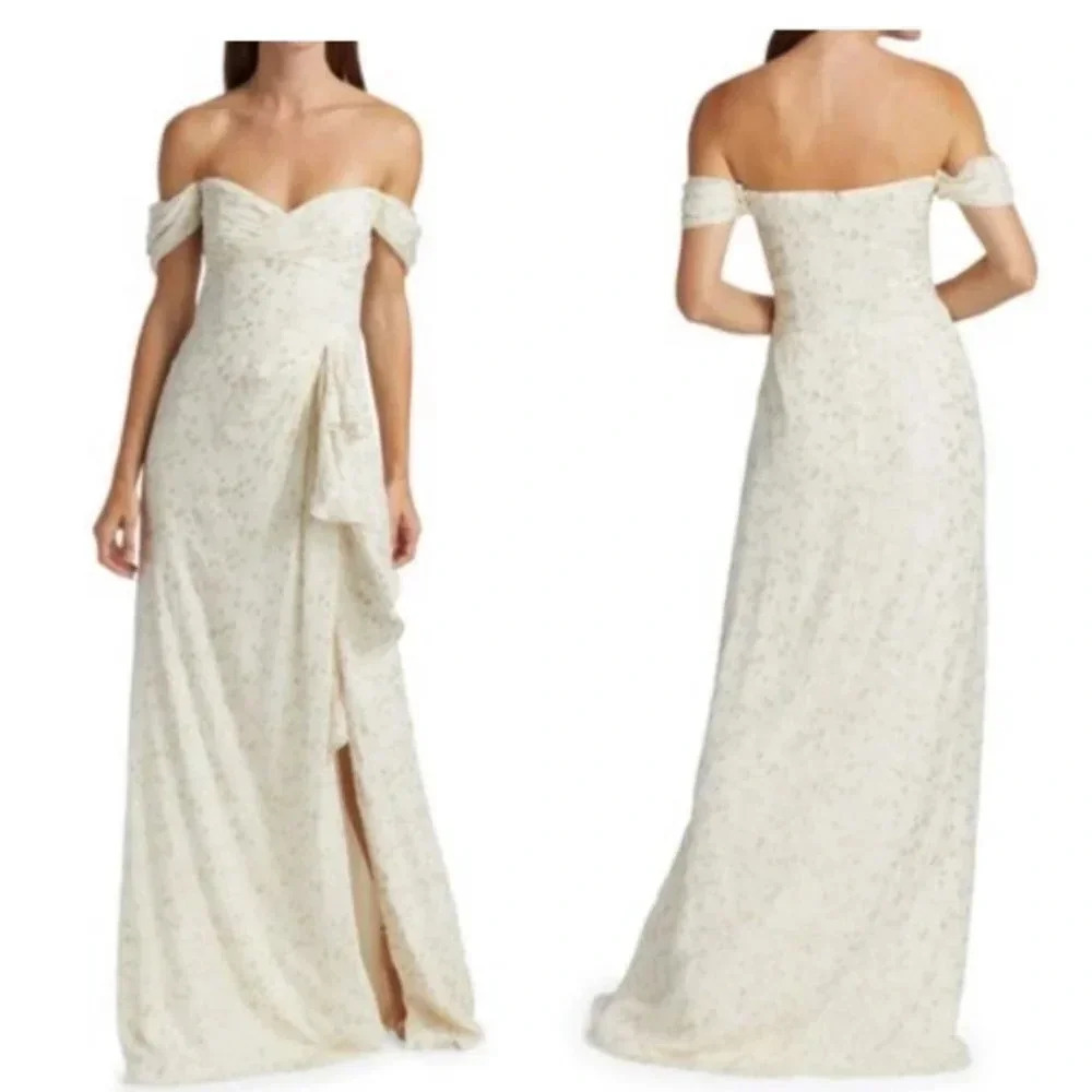 ML Monique Lhuillier Metallic Off-The-Shoulder Evening‎ Dress